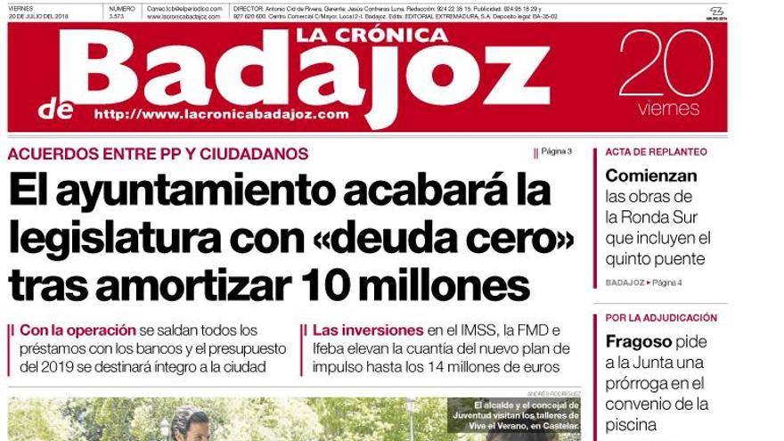 Esta es la portada de LA CRÓNICA DE BADAJOZ correspondiente al día 20 de julio del 2018