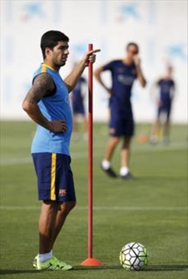 Luis Suárez, durante el entrenamiento de ayer en Los Ángeles.