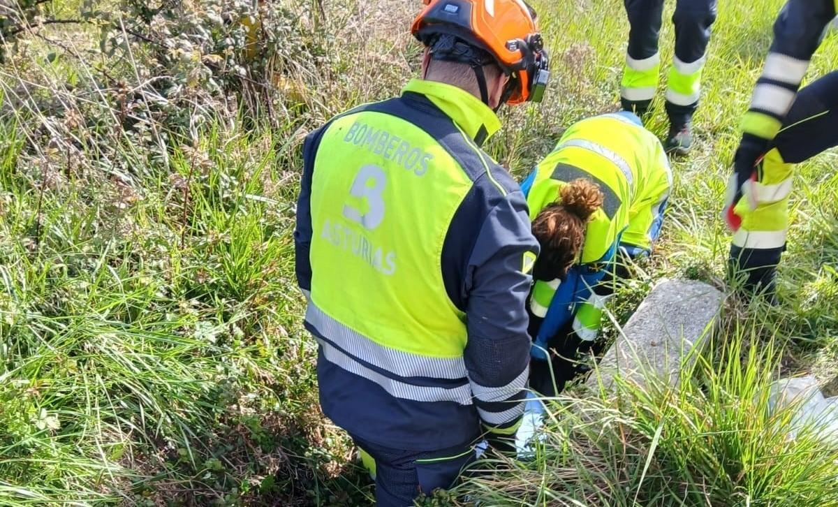 Sanitarios y bomberos atienden al hombre en la cuneta.