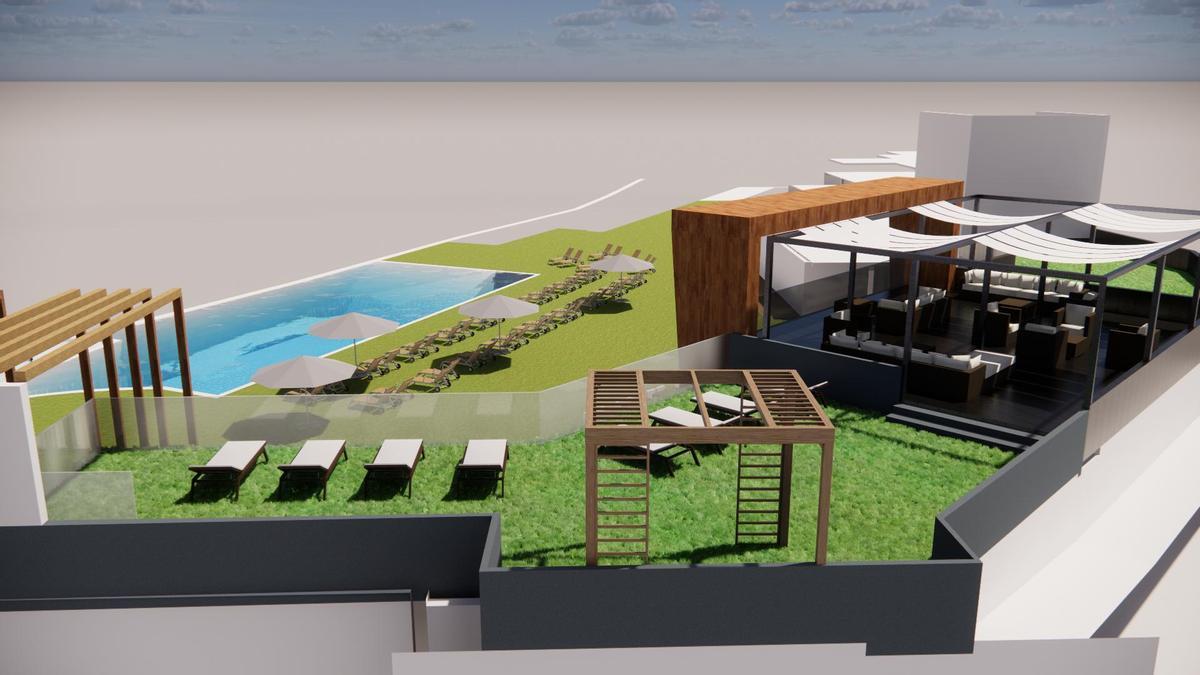 Infografía del futuro bar piscina tras la reforma, con un solarium en la cubierta y una piscina infinity con vistas a la playa de Amadores.