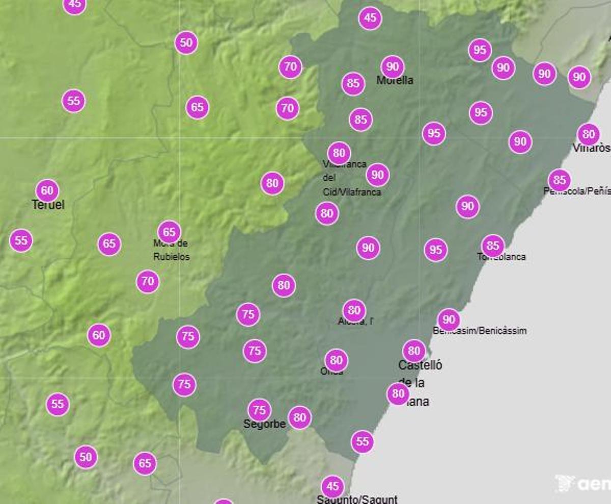 Probabilidad de lluvia en Castellón el lunes entre las 12.00 y las 18.00 horas.