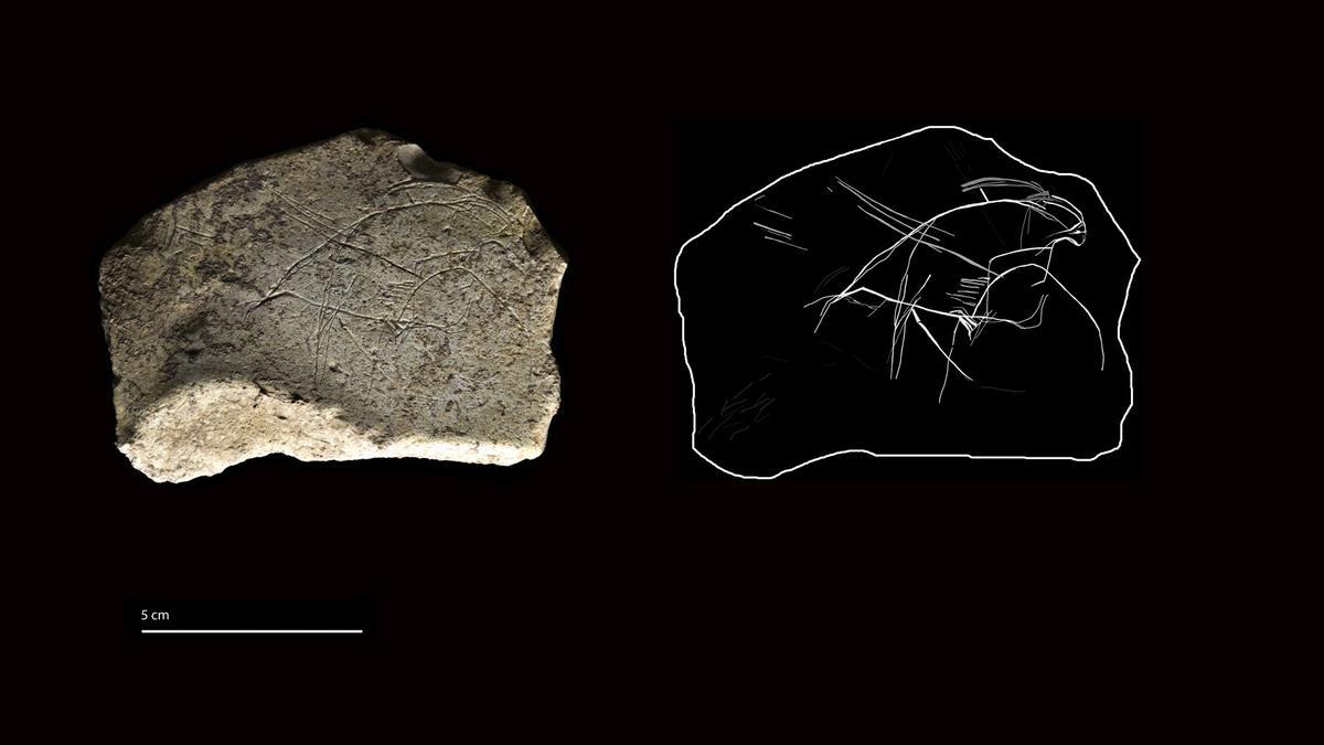 Imagen de la plaqueta hallada en la Cova de Santa Linya, en provincia de Lleida, esculpida hace unos 14.000 años.
