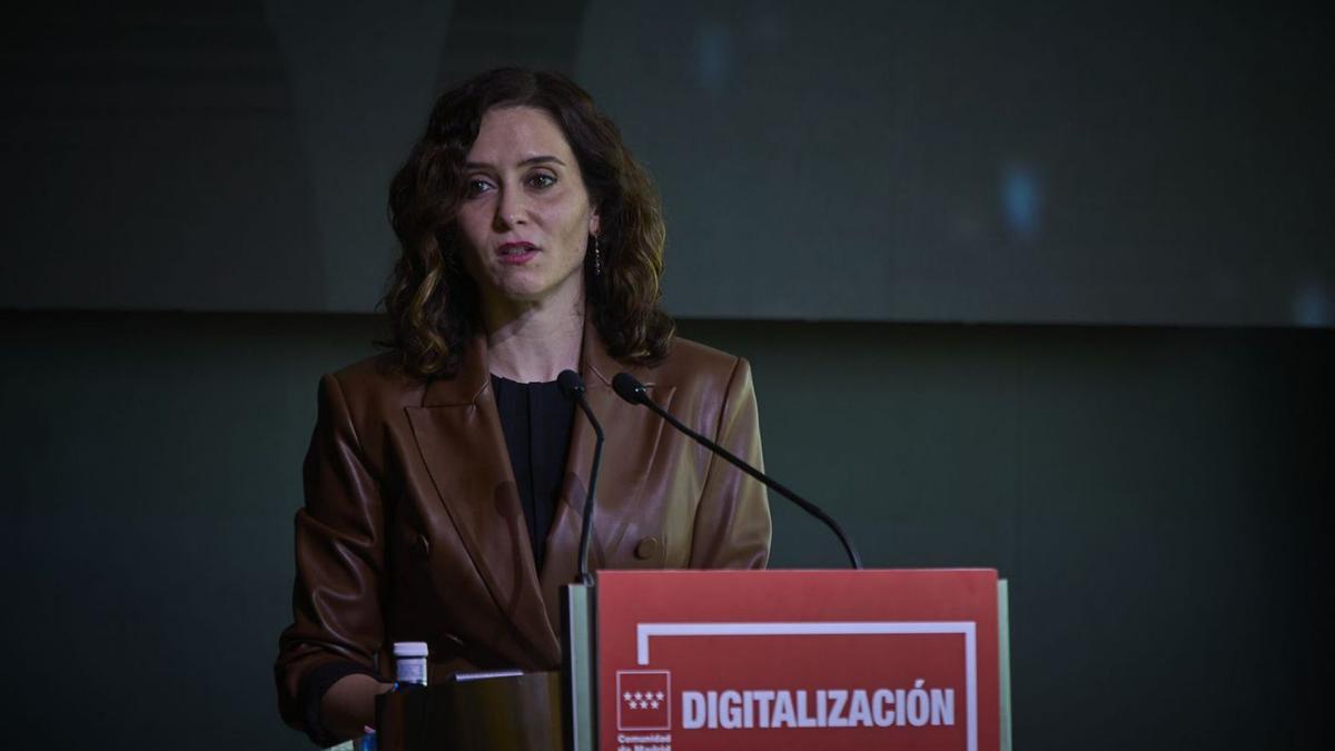 Isabel Díaz Ayuso intervenint en un acte ahir a Madrid. | EUROPA PRESS