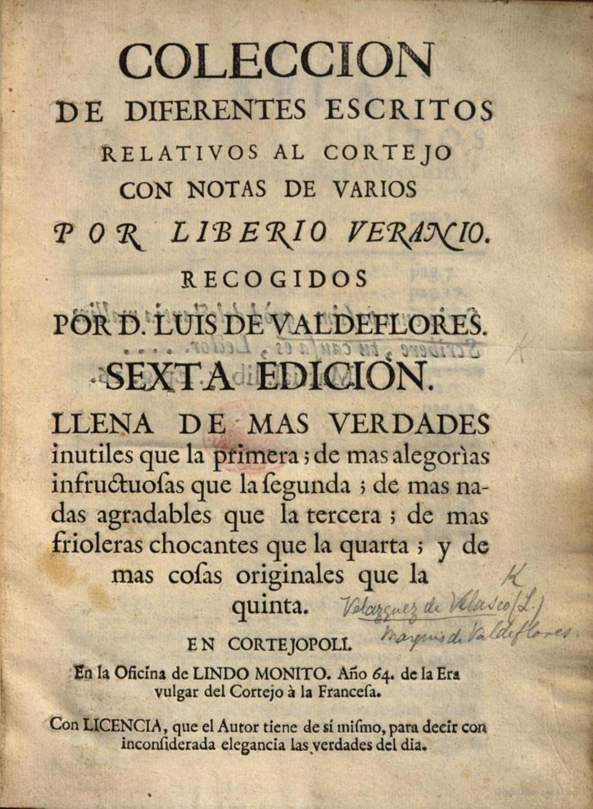 Portada de la publicación satírica que llevó al malaugeño Luis Velázquez, marqués de Valdeflores, a la cárcel.