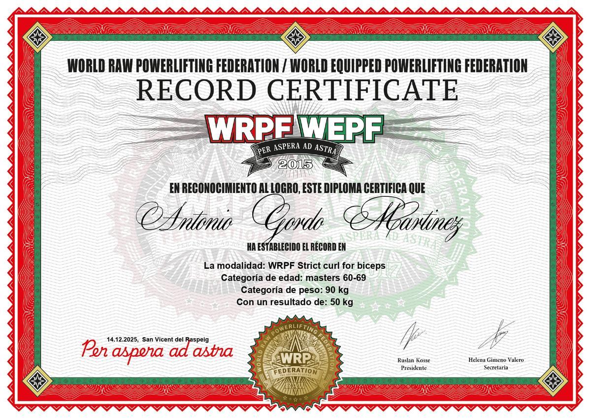 Toni Gordó, récord de España en curl de bíceps con 50kg.