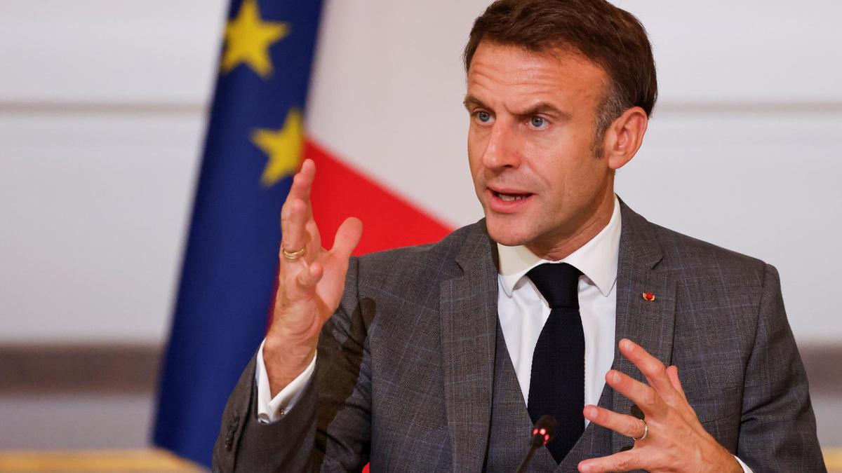 El presidente francés, Emmanuel Macron, durante su intervención en la conferencia internacional sobre Gaza celebrada este jueves en París.