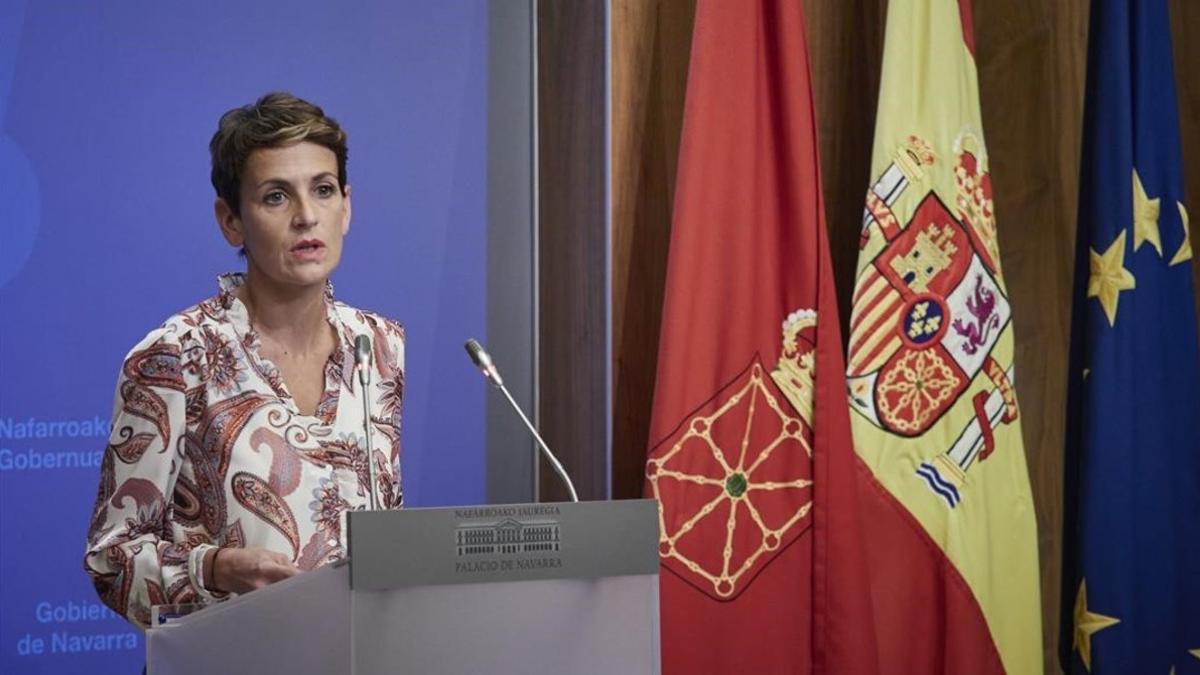 La presidenta de Navarra, María Chivite, durante el anuncio del confinamiento.