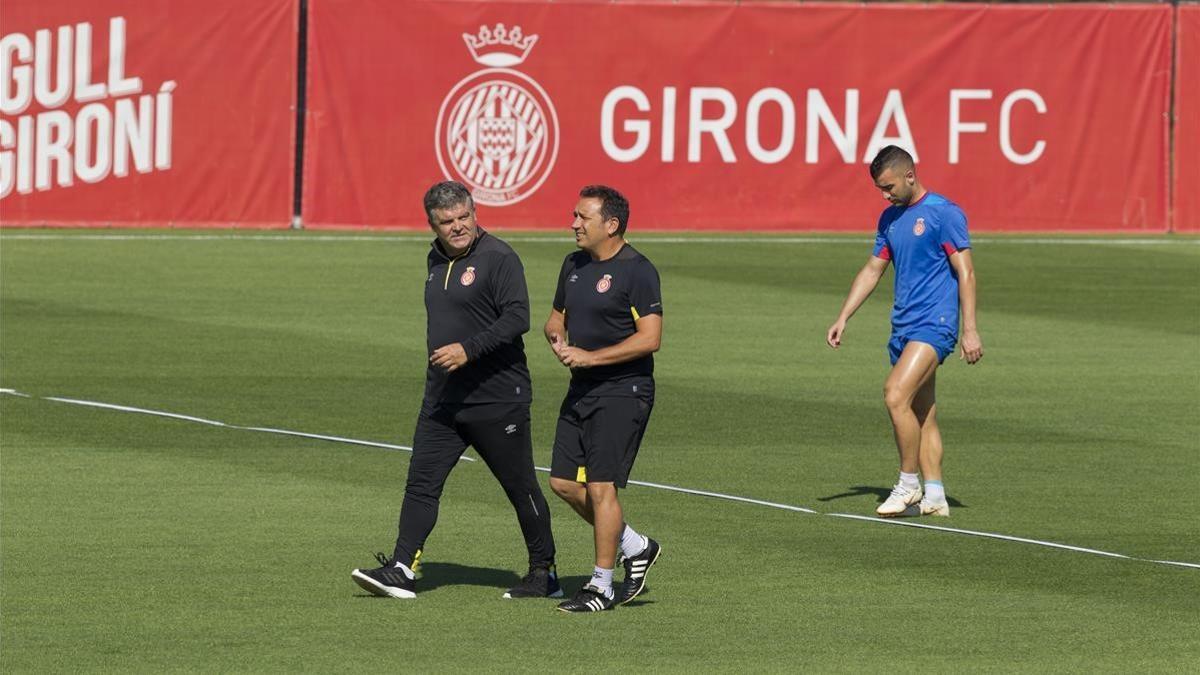 Onésimo y Eusebio, en el entrenamiento del Girona en La Vinya.