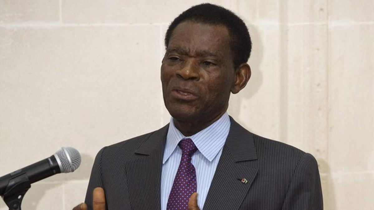 El presidente de Guinea Ecuatorial, Teodoro Obiang, durante su conferencia en el Instituto Cervantes de Bruselas.