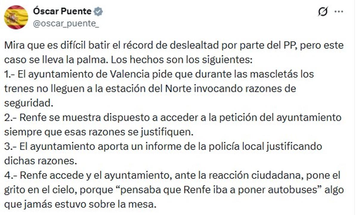 Mensaje de Óscar Puente en la red social X