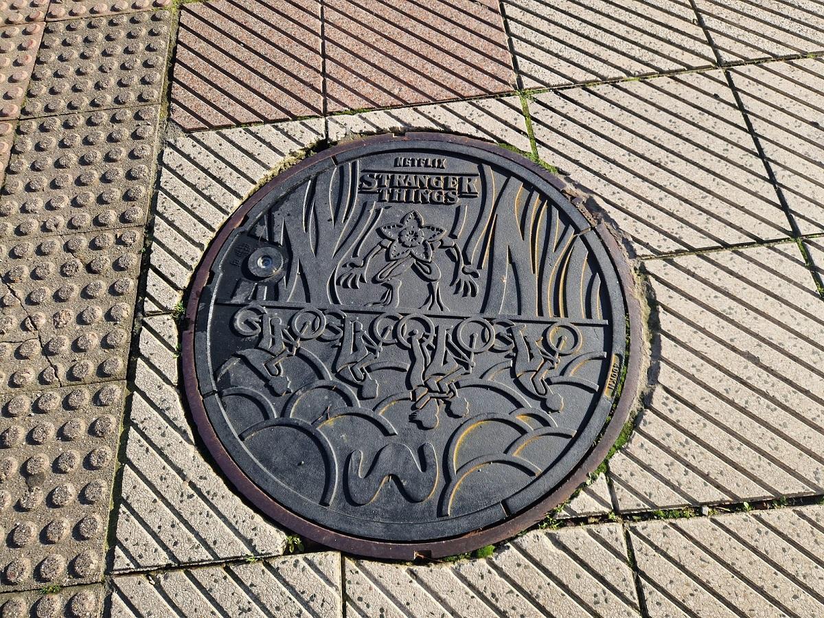 Detalle de la tapa de alcantarilla decorada.