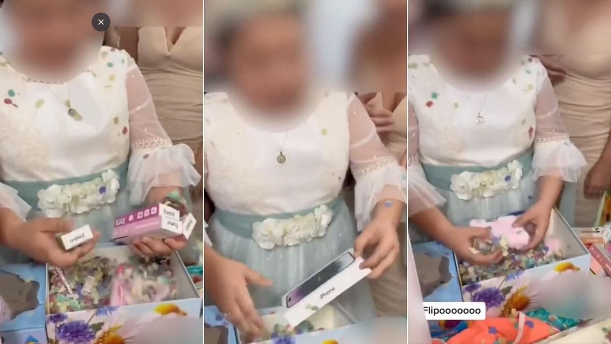 Varios fotogramas del vídeo en el que la niña abre sus regalos de comunión
