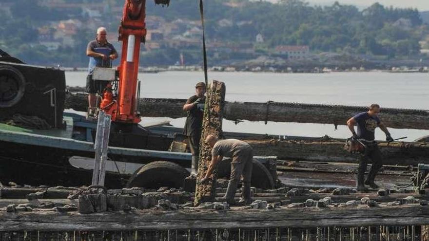 Bateeiros trabajan en una ría gallega.