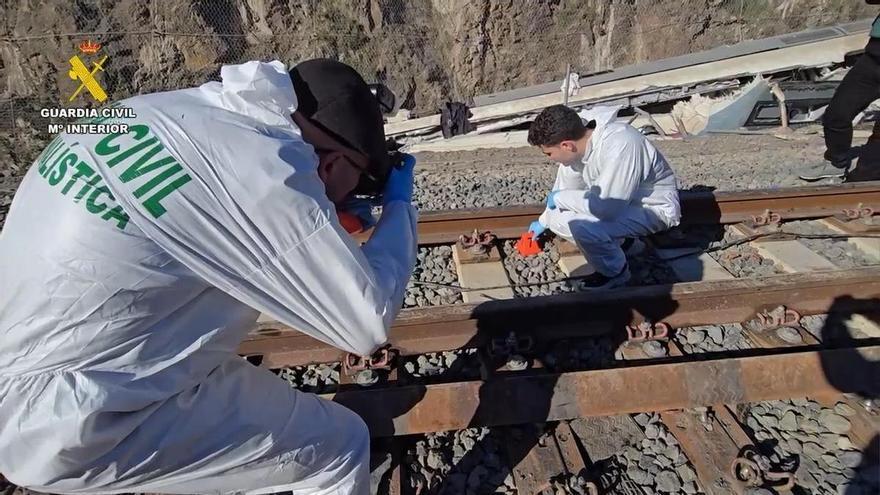 Especialistas forenses de la Guardia Civil investigan en el lugar del accidente ferroviario de Adamuz.