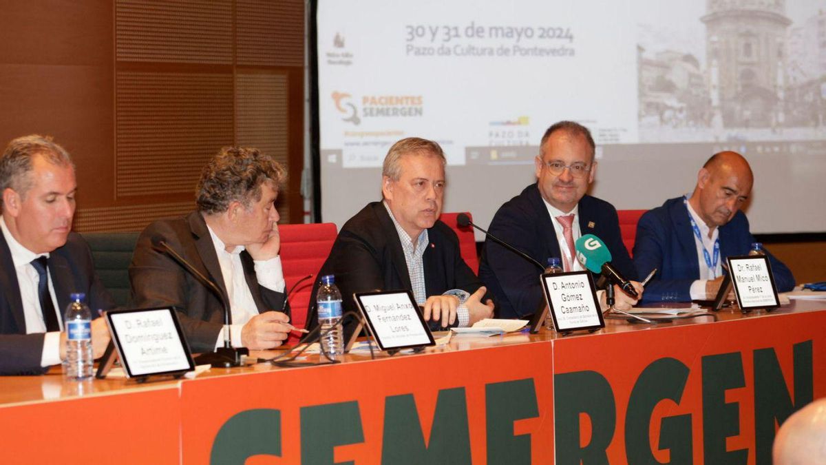 El conselleiro de Sanidade, en el centro, en el congreso de pacientes crónicos, en Pontevedra.
