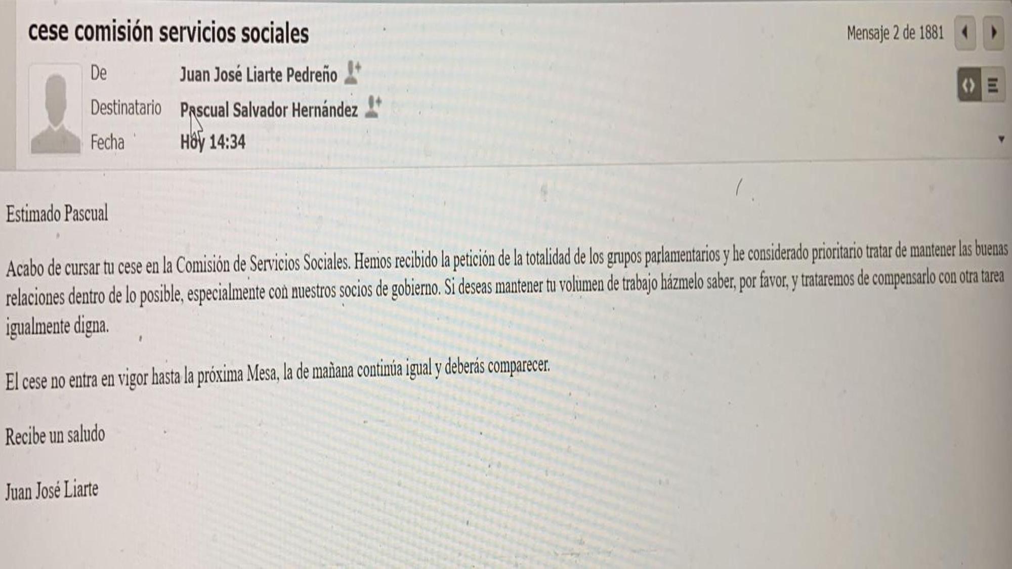 Mail recibido ayer por Pascual Salvador de Juan José Liarte.