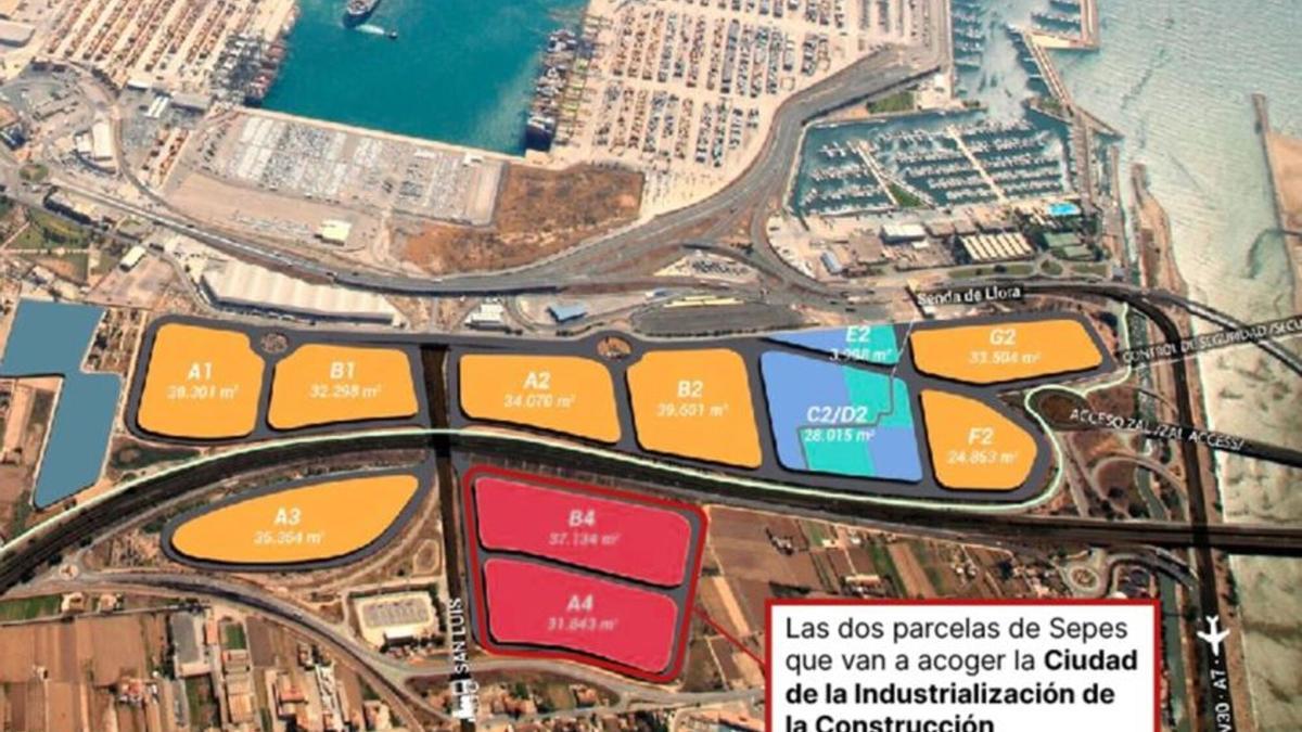 En rojo, las dos parcelas de Sepes para la Ciudad de la Industrialización de la Construcción.
