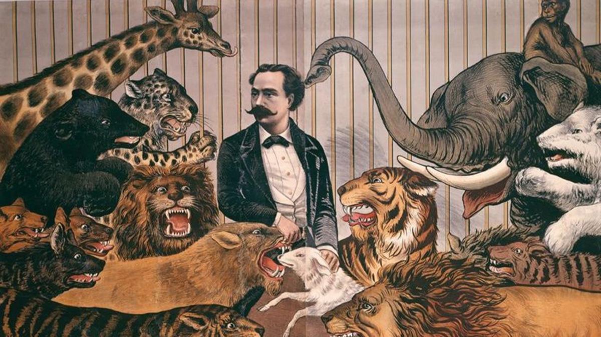 Jean Baptiste François Bidel, tal vez el único hombre que ha paseado una leona sin corre ni bozal por la Rambla de Barcelona, en 1877.