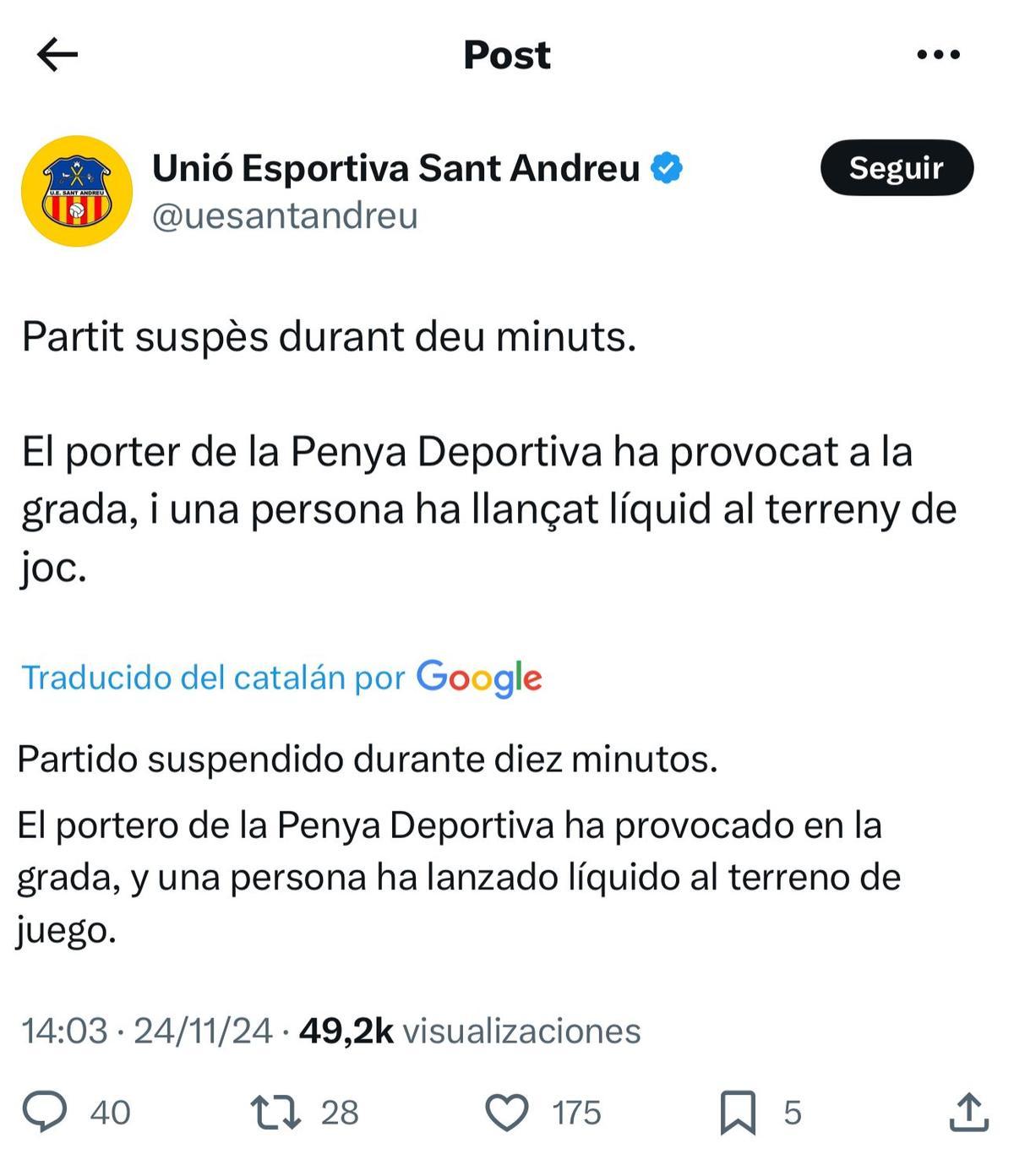 El desafortunado tweet publicado por la UE Sant Andreu al ocurrir los hechos