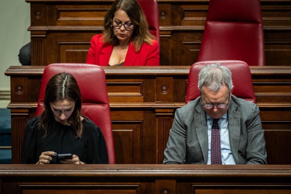 Los diputados socialistas Sebastián Franquis, Nira Fierro y Tamara Raya en sus escaños del Parlamento.