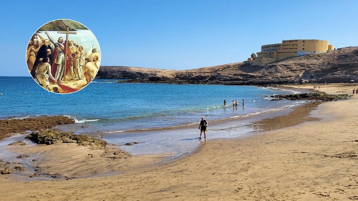 Montaje de una fotografía de la playa de El Cabrón con una imagen alusiva a la conquista de Canarias.