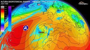 Mapa de presiones y precipitaciones de eltiempo.es, con la previsión para el jueves 21 de marzo a las 7:00