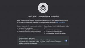 Esta es la pantalla de información de Chrome cuando se activa el modo Incógnito Google.