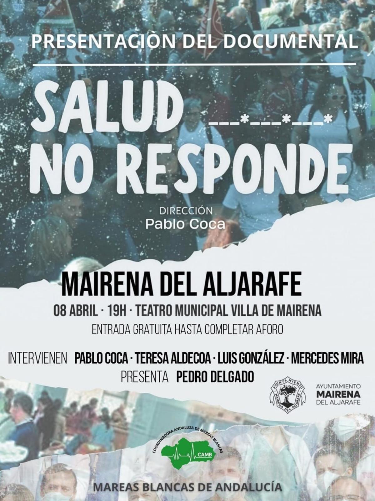 Cartel promocional del documental 'Salud No Responde' en Mairena del Aljarafe, cancelado por la Junta Electoral.