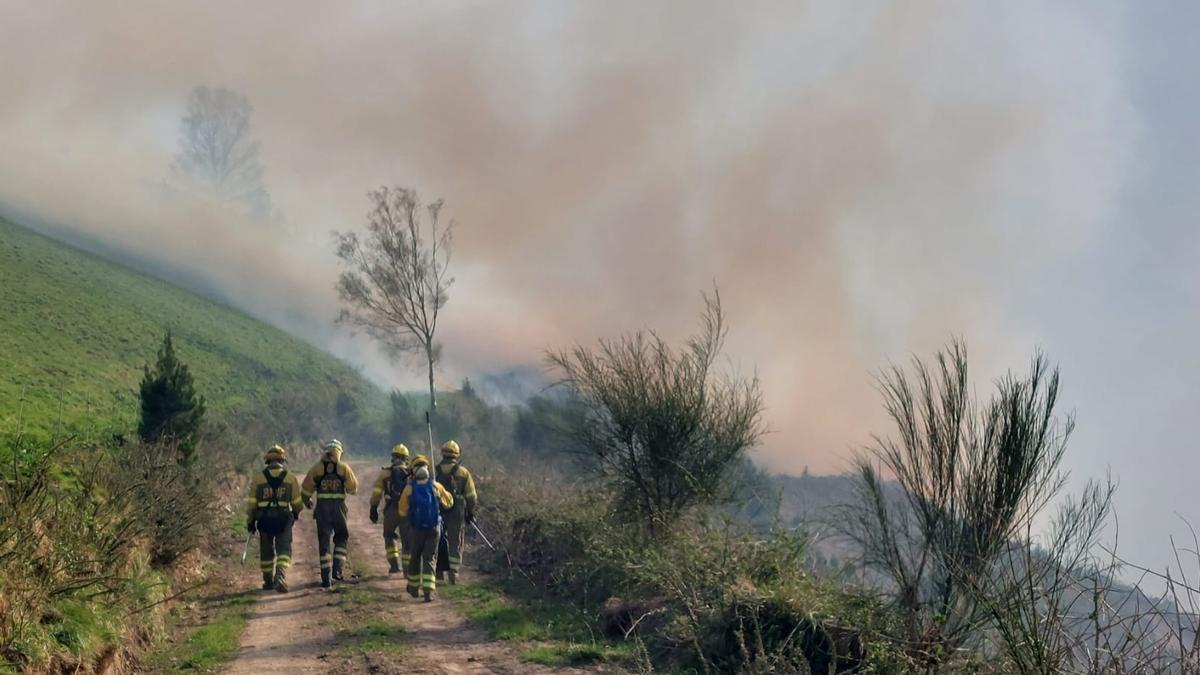 Los bomberos, actuando contra el fuego en Tineo.