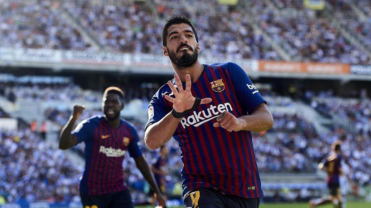 Luis Suárez celebra el gol del provisional empate de Anoeta que iniciaba la remontada del Barça.