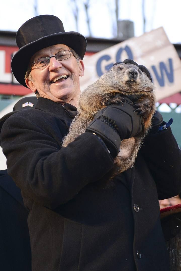 Groundhog co-handler Ploucha holds up groundhog Punxsutawney Phil after Phil's annual weather prediction on Gobbler's Knob on the 130th Groundhog Day in Punxsutawney