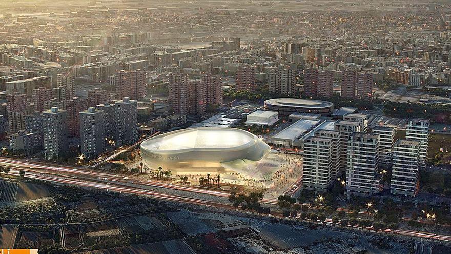 Figuración del futuro pabellón Arena, impulsado por Juan Roig, en Quatre Carreres, destinado a eventos deportivos y musicales.