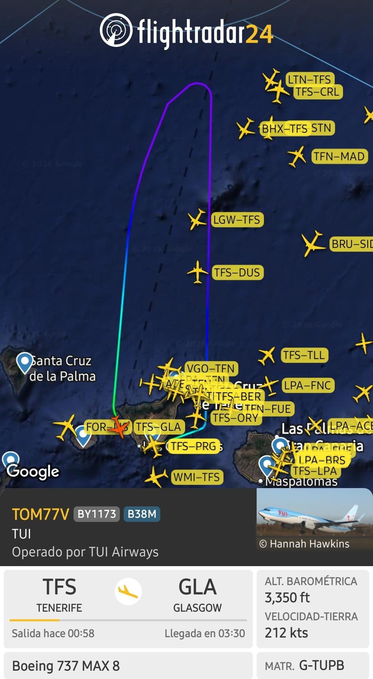 Captura de Flightradar24 con la ruta del avión.