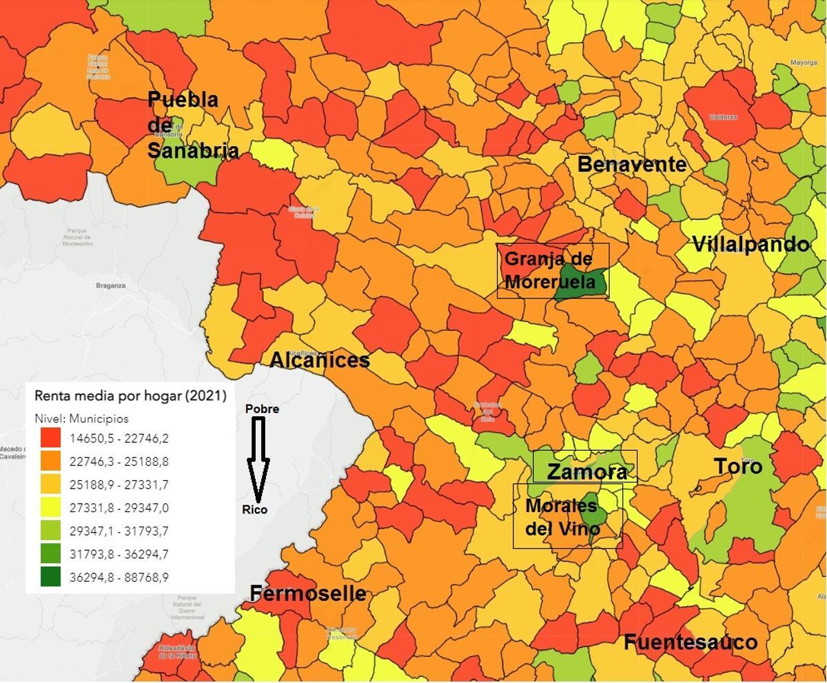 Mapa de la provincia con los pueblos más ricos (en verde) y más pobres (en rojo) según la renta familiar disponible