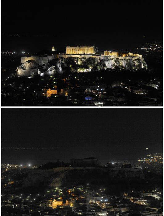 La Acrópolis de Atenas, Grecia, antes y durante la Hora del Planeta.