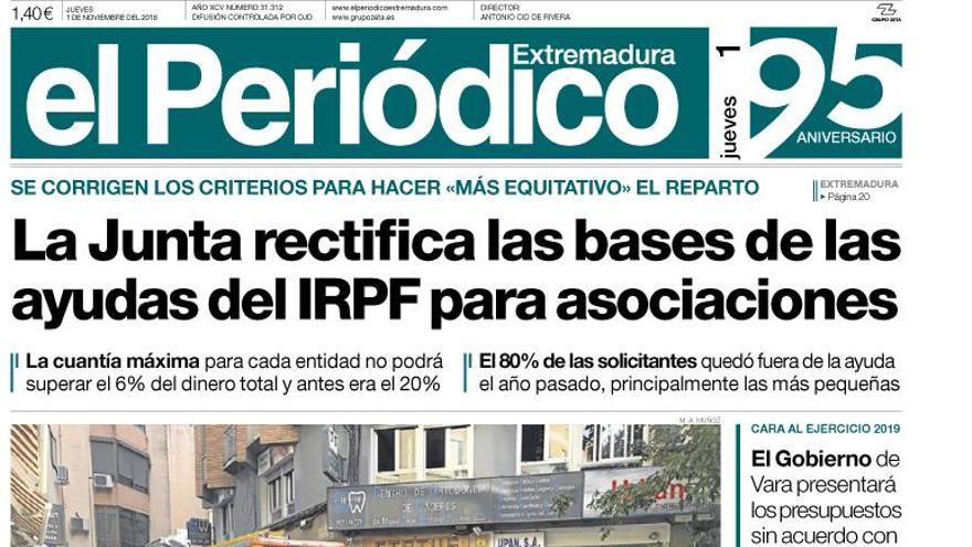 Esta es la portada de EL PERIÓDICO EXTREMADURA correspondiente al día 1 de noviembre del 2018