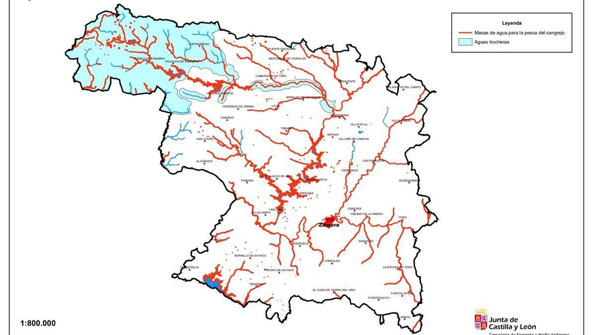 En rojo, los ríos de Zamora donde se pueden pescar cangrejos. En azul celeste, zonas de aguas trucheras.