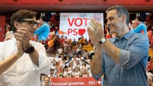 Pedro Sánchez acompaña a Salvador Illa en el cierre de campaña del PSC en Barcelona.