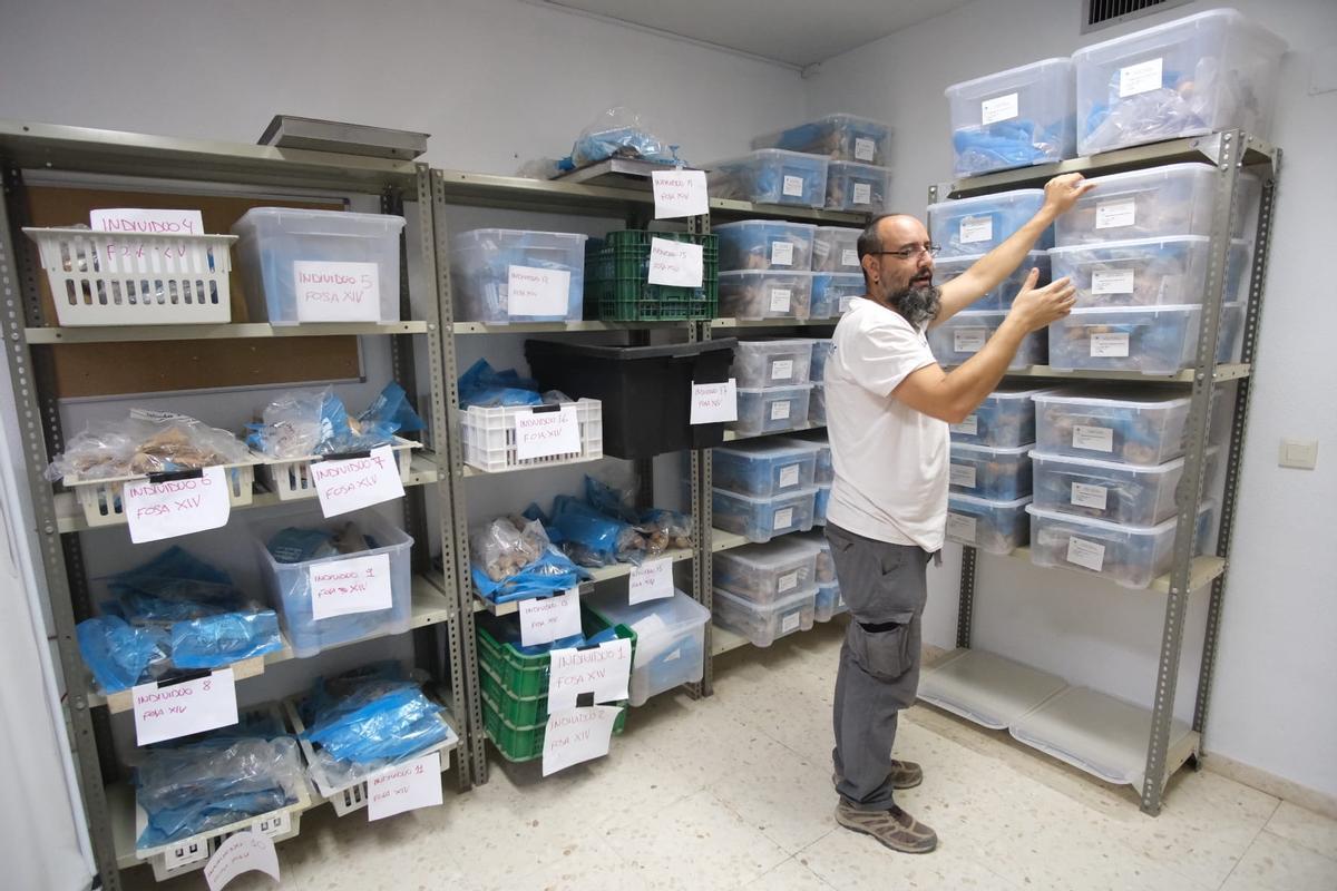 El arqueólogo Jorge García en el laboratorio habilitado por el Ayuntamiento de Aspe en las dependencias del antiguo centro de salud.