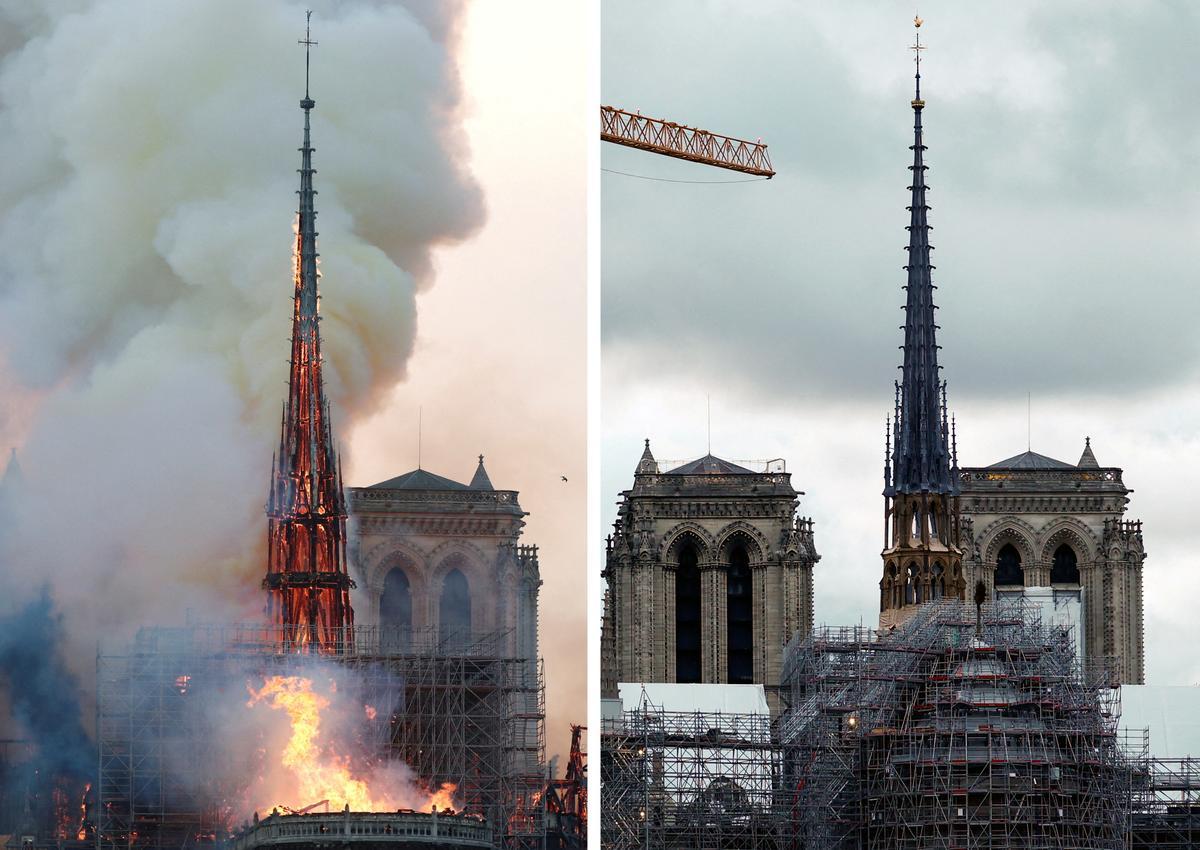 El incendio de hace cinco años y la catedral hoy, que encara la recta final de su restauración.  
