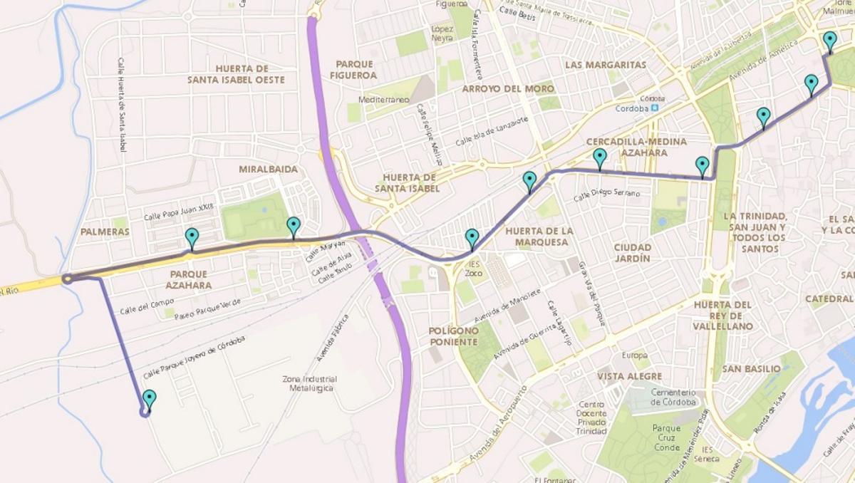 Recorrido de ida del servicio especial de Aucorsa al centro de convenciones.