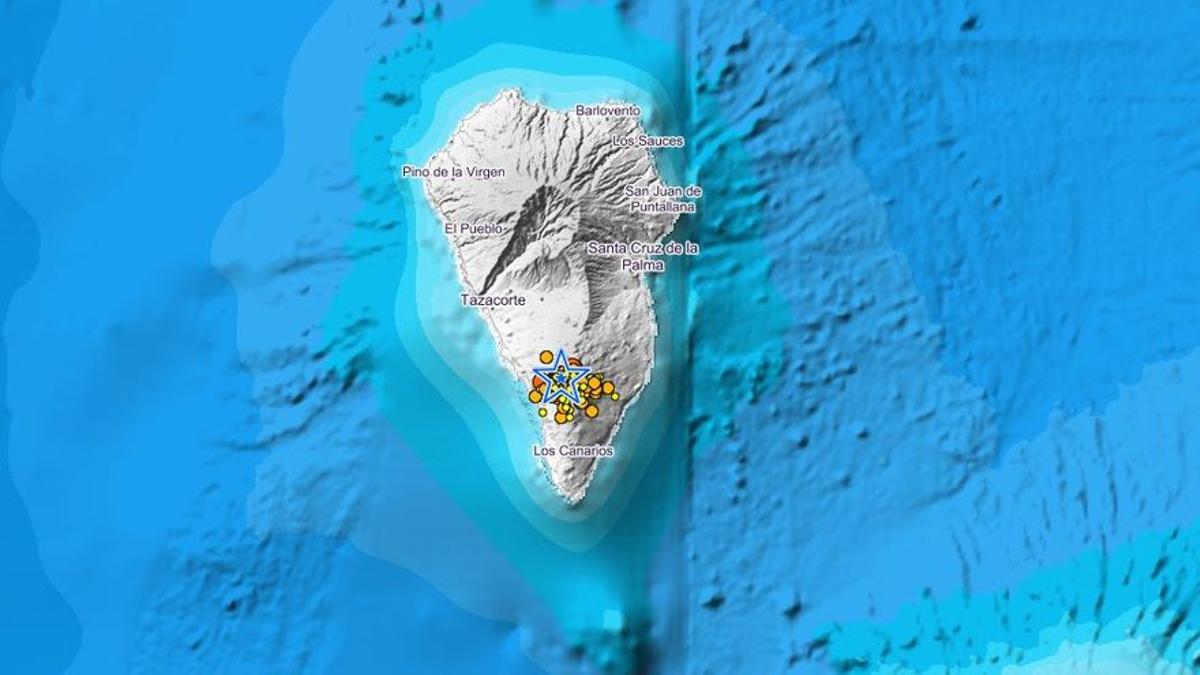 Mapa en el que se muestran los terremotos localizados en La Palma.