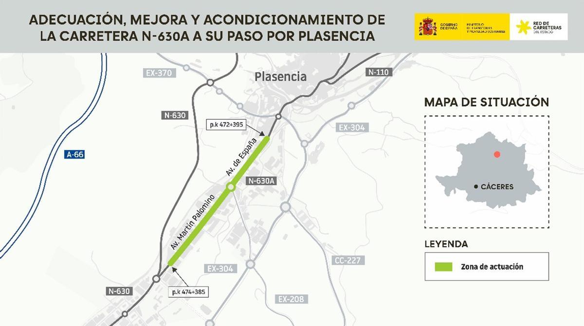 Mapa de la zona de actuación de las obras de Martín Palomino y España.