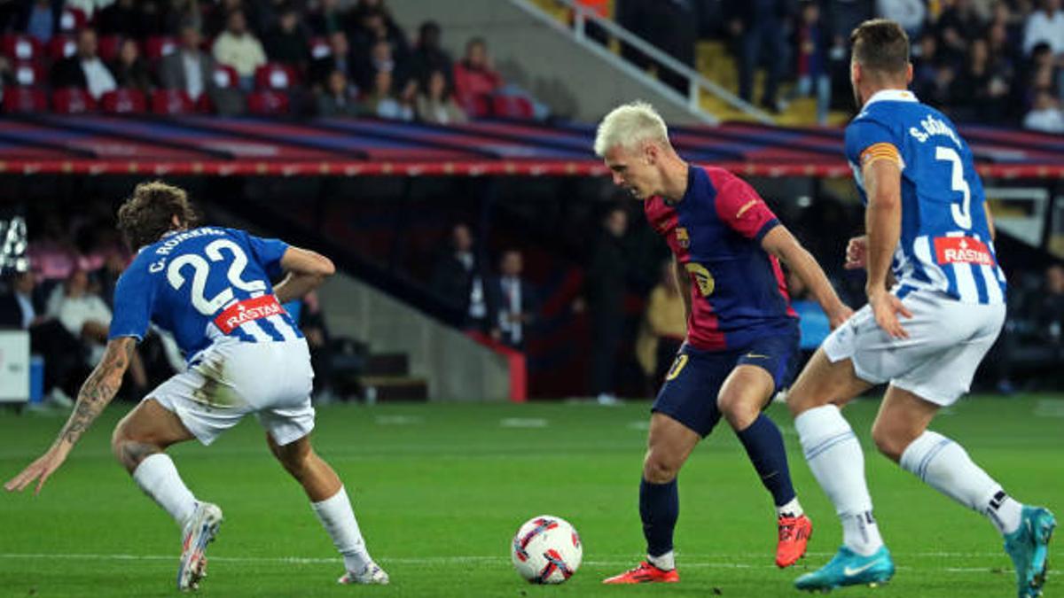Dani Olmo, Carlos Romero, and Sergi Gomez play during the match between FC Barcelona and RCD Espanyol, corresponding to week 12 of LaLiga EA Sports, at the Lluis Companys Stadium in Barcelona, Spain, on November 3, 2024. (Photo by Joan Valls/Urbanandsport /NurPhoto via Getty Images) (Photo by Urbanandsport/NurPhoto via Getty Images)