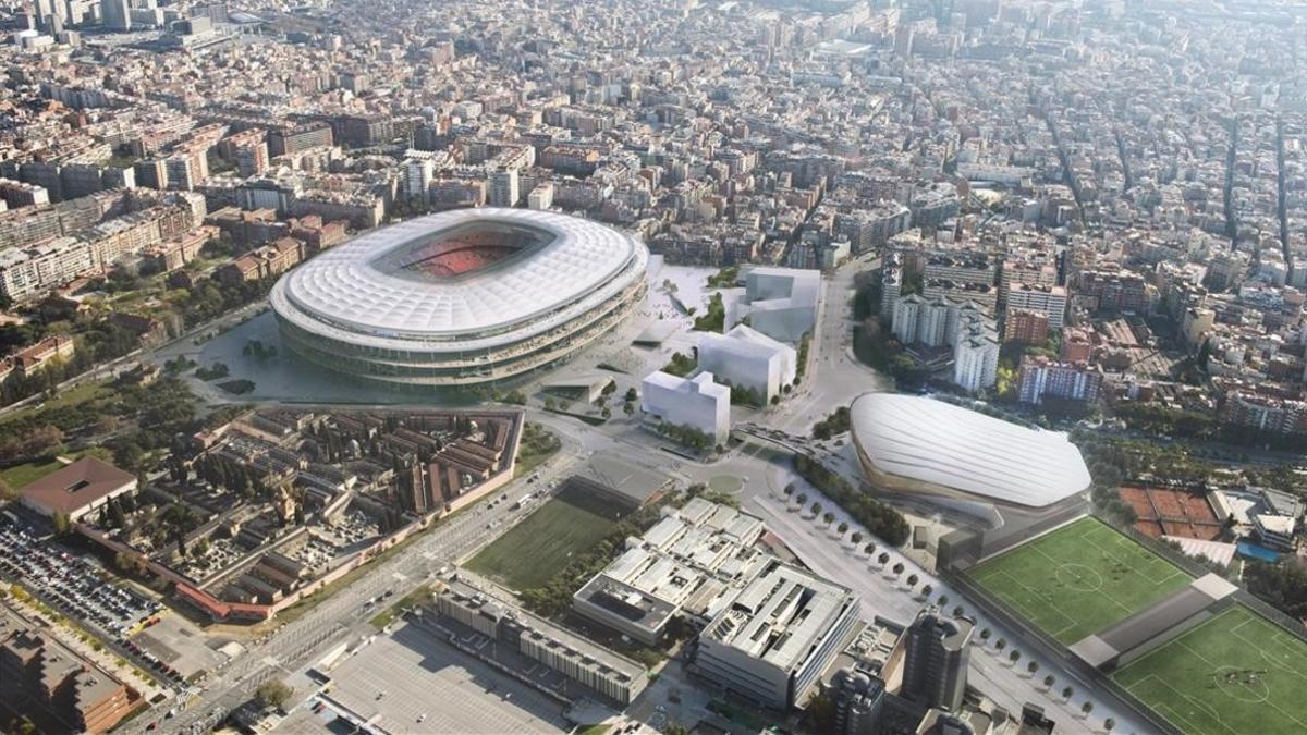 Simulación informática de una vista aérea del futuro Espai Barça.