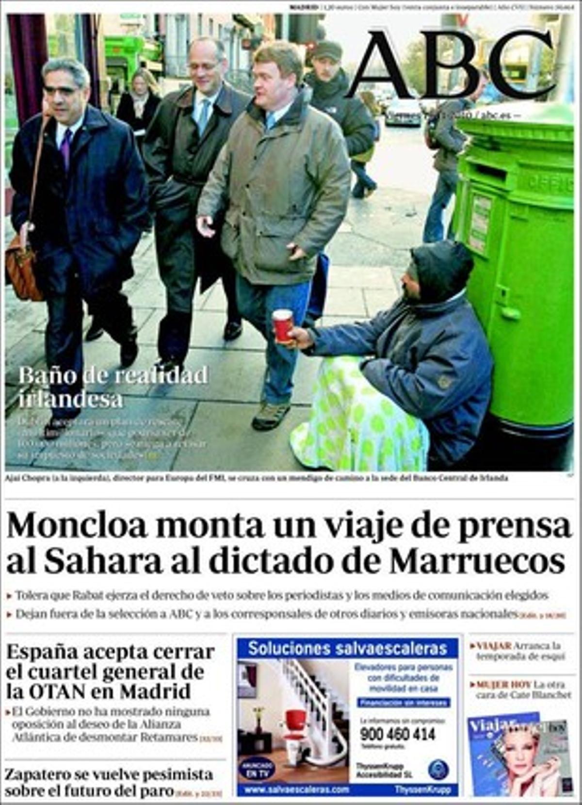 A les pàgines interiors ’Abc’ destaca també: Mercasevilla va pagar 154.000 euros a una altra treballadora fantasma, Zapatero acceptarà tancar el quarter general de l’OTAN a Ginestars (Madrid); les gasolines es disparen i tornen a màxims del 2008, i la CE vol rebaixar les ajudes al camp espanyol, francès i alemany.