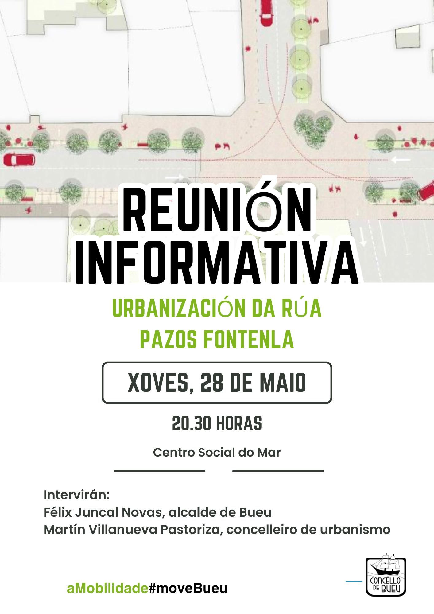 El cartel para la reunión de este jueves sobre el proyecto de la calle Pazos Fontenla, en Bueu.