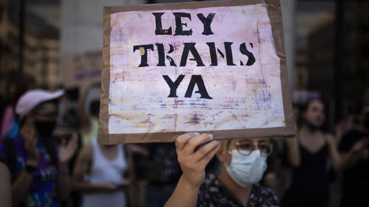 Una mujer cartel muestra un cartel a favor de la Ley Trans en una manifestación reciente.