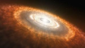 Recreación artística de una estrella joven rodeada por un disco protoplanetario en el que se están formando planetas.