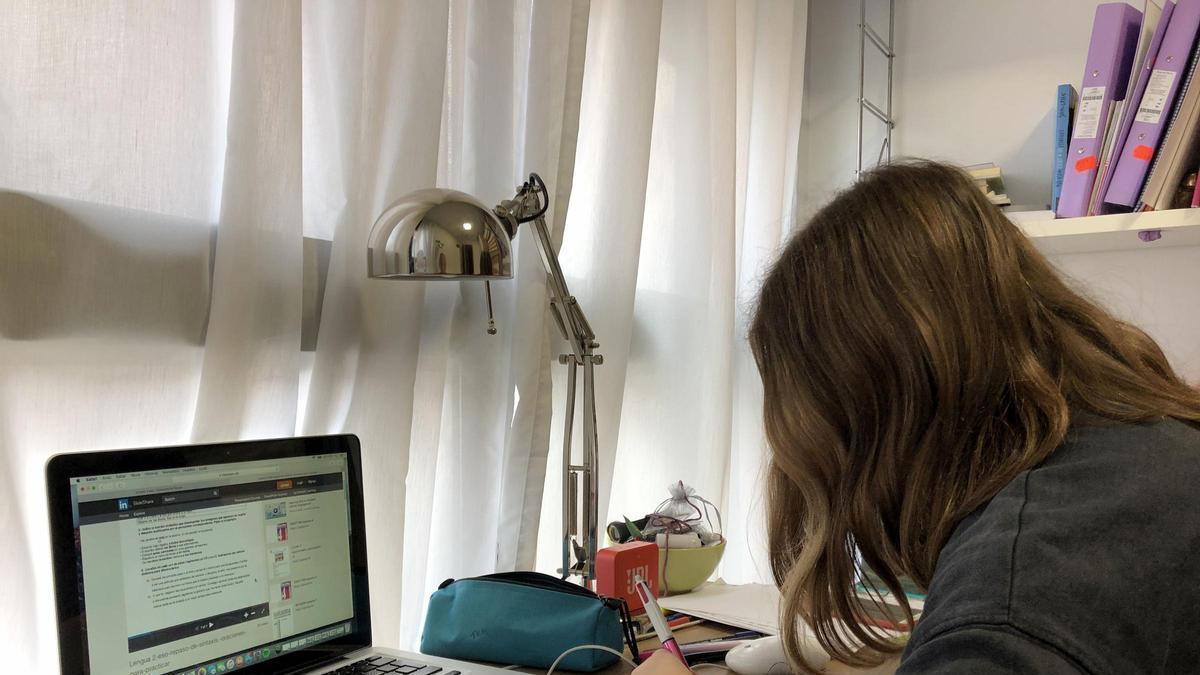 Una estudiante, preparando clases desde su casa.